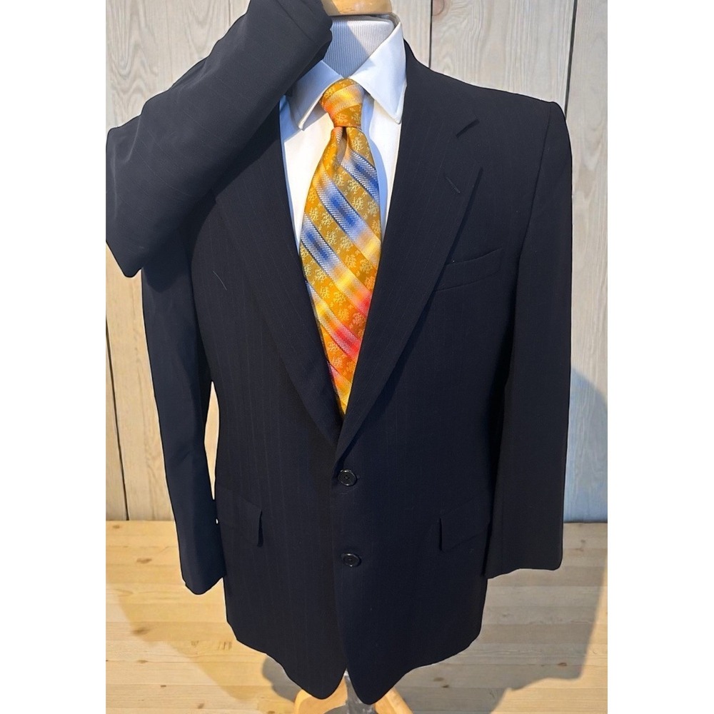 Hickey Freeman Suit Mens 43R Pants 38 x 29 Black Pinstripe Wool Vintage USA Made